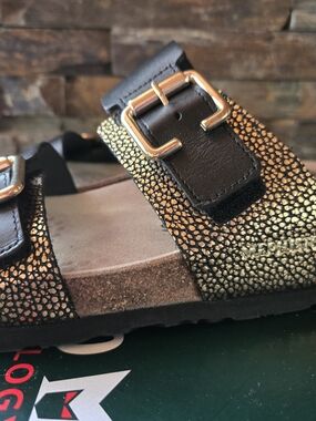 Mephisto Black and Gold Metallic Buckle Sandals